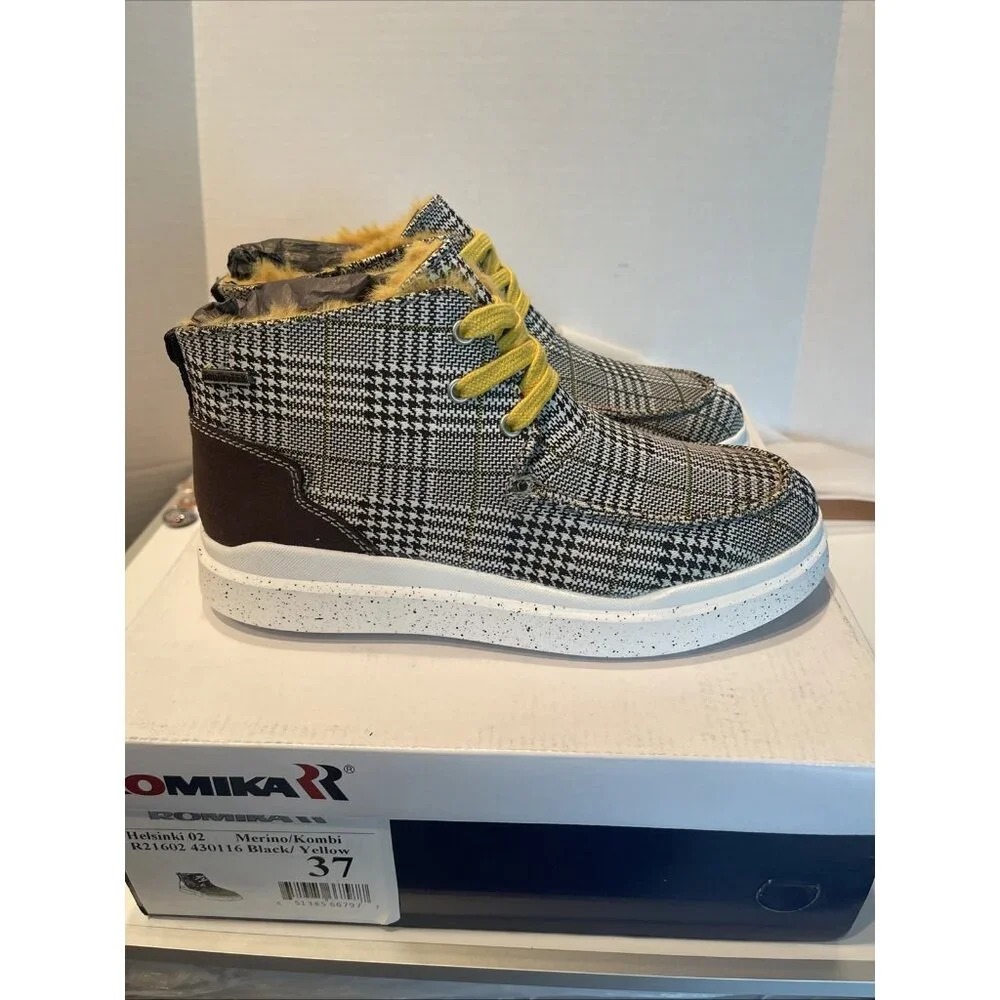 NIB Romika Snearkers Womens Size 37 Helsinki 02 Black Yellow Faux Fur Boot Shoes